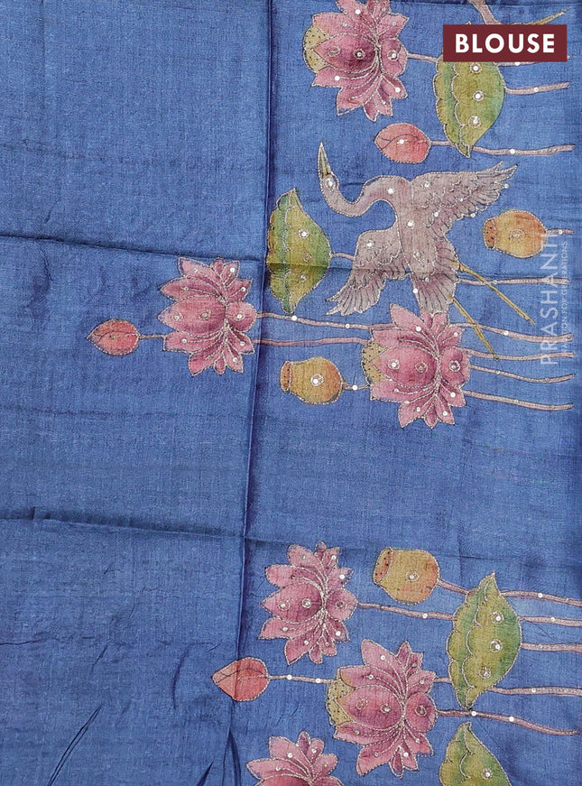 Pure tussar silk saree pink and blue shade with allover zari woven checked pattern and zari woven border
