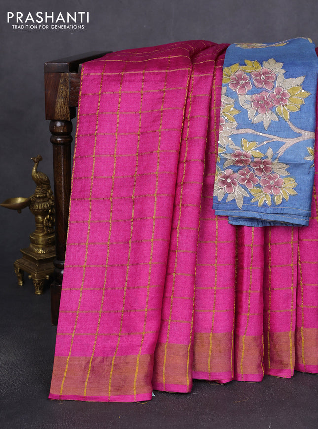 Pure tussar silk saree pink and bluish grey with allover zari woven checked pattern and zari woven border