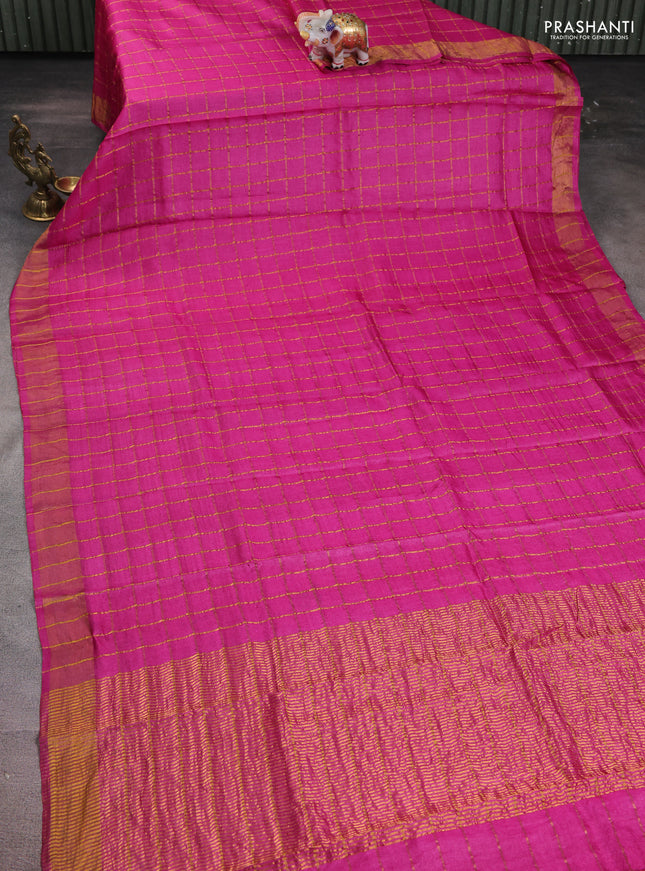 Pure tussar silk saree pink and bluish grey with allover zari woven checked pattern and zari woven border