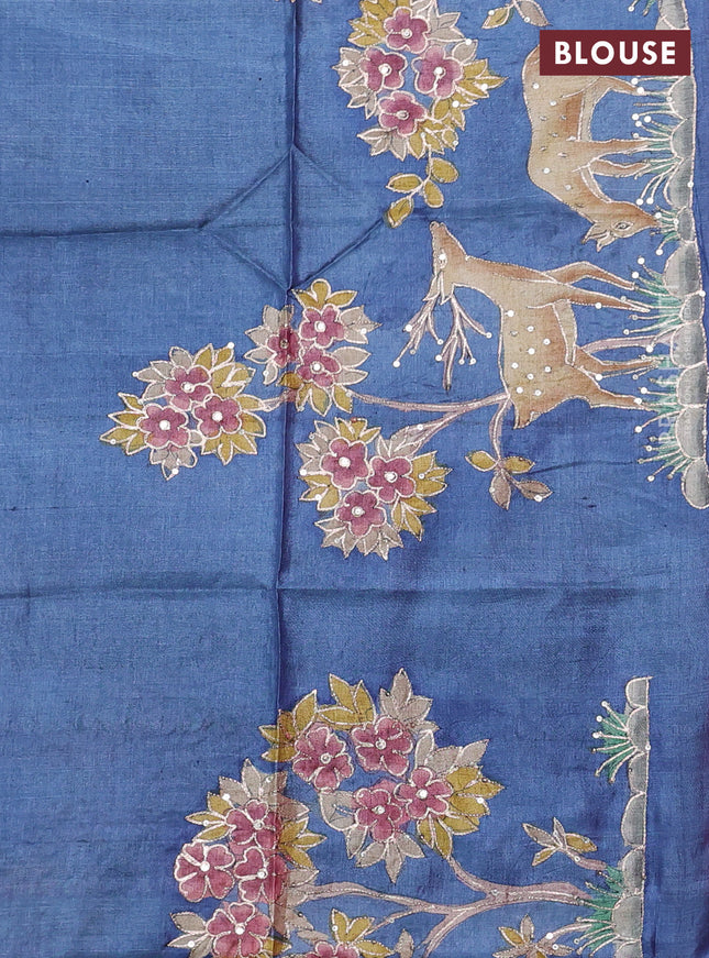 Pure tussar silk saree pink and bluish grey with allover zari woven checked pattern and zari woven border