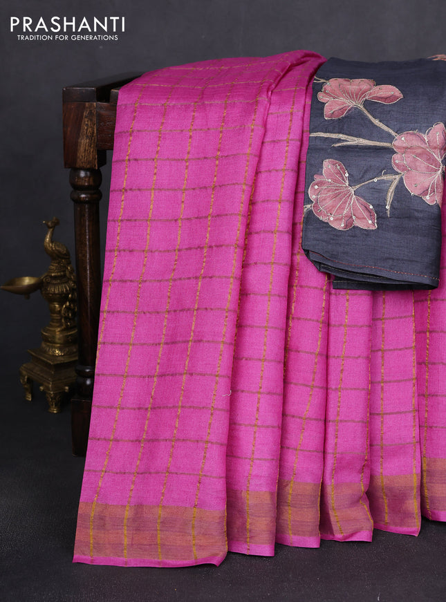 Pure tussar silk saree pink and elephant grey with allover zari woven checked pattern and zari woven border