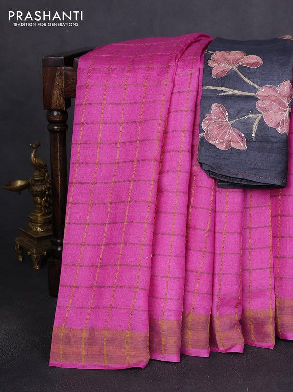 Pure tussar silk saree pink and elephant grey with allover zari woven checked pattern and zari woven border
