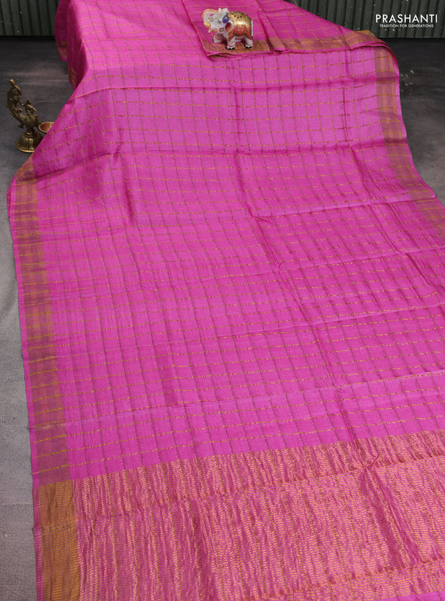 Pure tussar silk saree pink and elephant grey with allover zari woven checked pattern and zari woven border