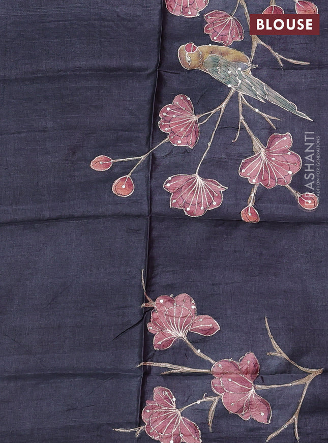 Pure tussar silk saree pink and elephant grey with allover zari woven checked pattern and zari woven border