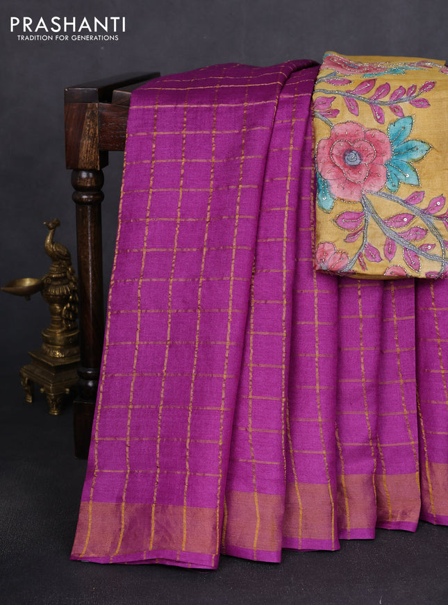 Pure tussar silk saree purple and mustard yellow with allover zari woven checked pattern and zari woven border