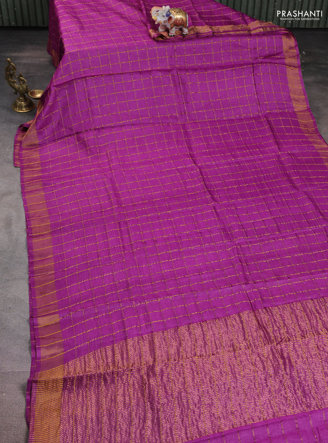 Pure tussar silk saree purple and mustard yellow with allover zari woven checked pattern and zari woven border