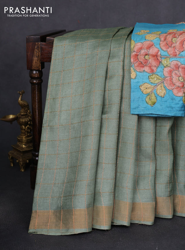 Pure tussar silk saree pastel green and black with allover zari woven checked pattern and zari woven border