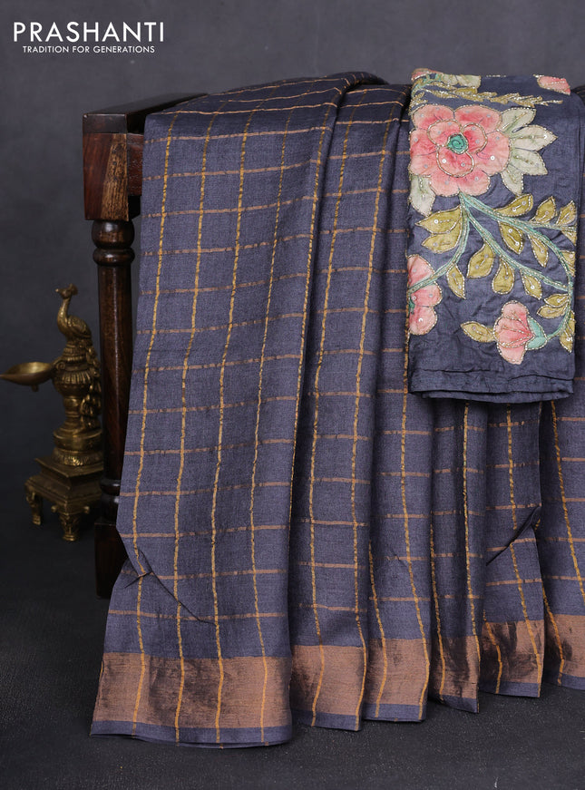 Pure tussar silk saree elephant grey and teal blue with allover zari woven checked pattern and zari woven border