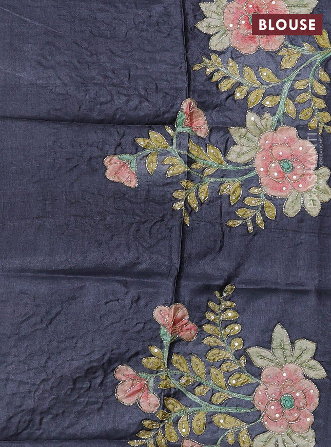 Pure tussar silk saree elephant grey and teal blue with allover zari woven checked pattern and zari woven border