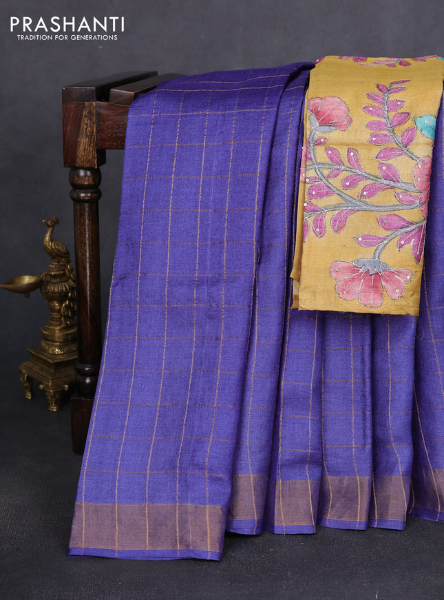 Pure tussar silk saree blue and mustard yellow with allover zari woven checked pattern and zari woven border