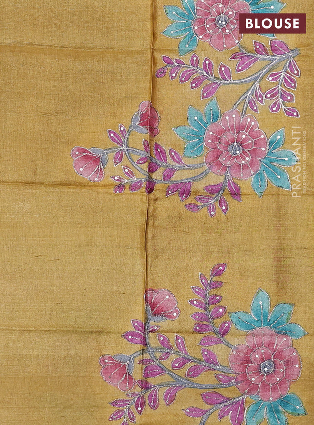 Pure tussar silk saree blue and mustard yellow with allover zari woven checked pattern and zari woven border