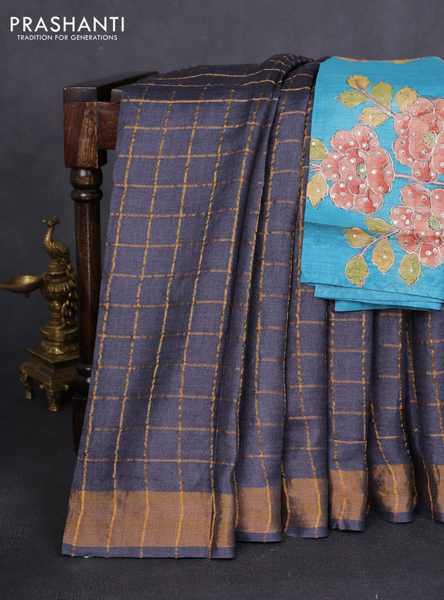 Pure tussar silk saree elephant grey and teal blue with allover zari woven checked pattern and zari woven border