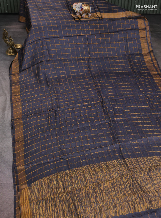 Pure tussar silk saree elephant grey and teal blue with allover zari woven checked pattern and zari woven border