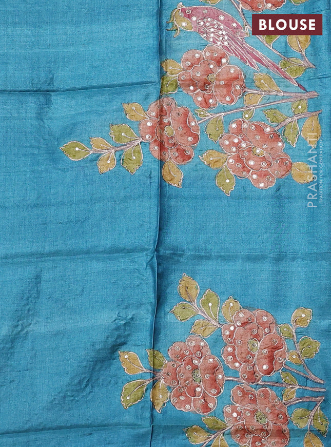 Pure tussar silk saree elephant grey and teal blue with allover zari woven checked pattern and zari woven border