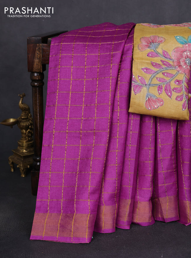 Pure tussar silk saree purple and mustard yellow with allover zari woven checked pattern and zari woven border