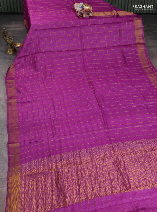 Pure tussar silk saree purple and mustard yellow with allover zari woven checked pattern and zari woven border