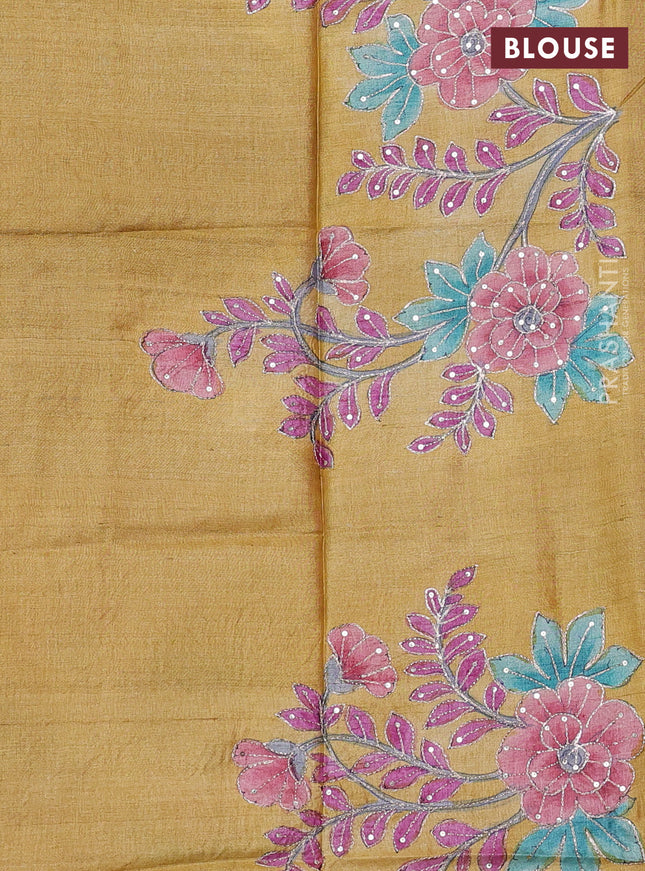 Pure tussar silk saree purple and mustard yellow with allover zari woven checked pattern and zari woven border