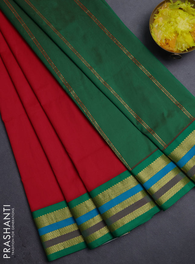 10 Yards semi silk saree red and green with plain body and zari woven korvai border