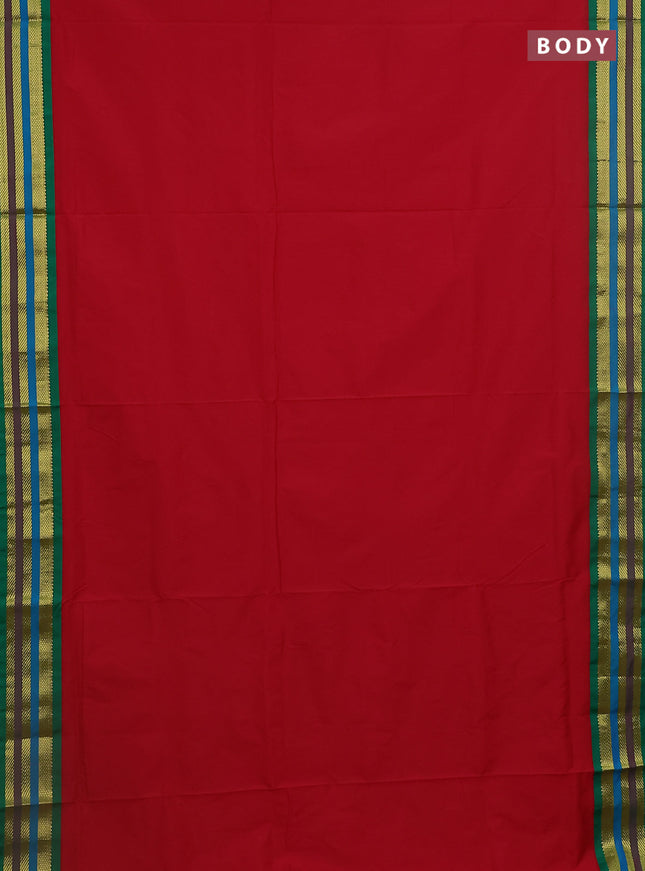 10 Yards semi silk saree red and green with plain body and zari woven korvai border