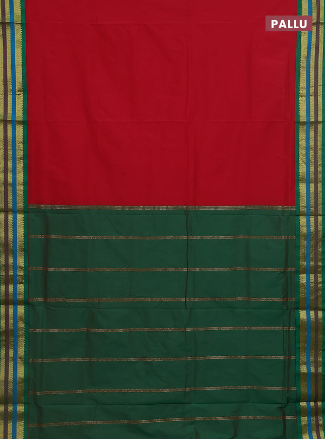 10 Yards semi silk saree red and green with plain body and zari woven korvai border