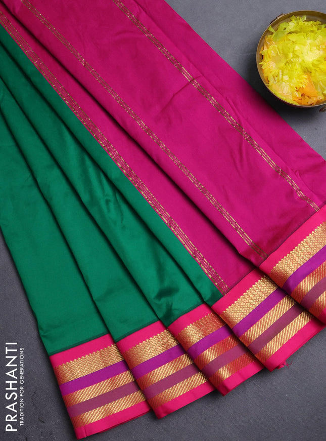 10 Yards semi silk saree green and pink with plain body and zari woven korvai border
