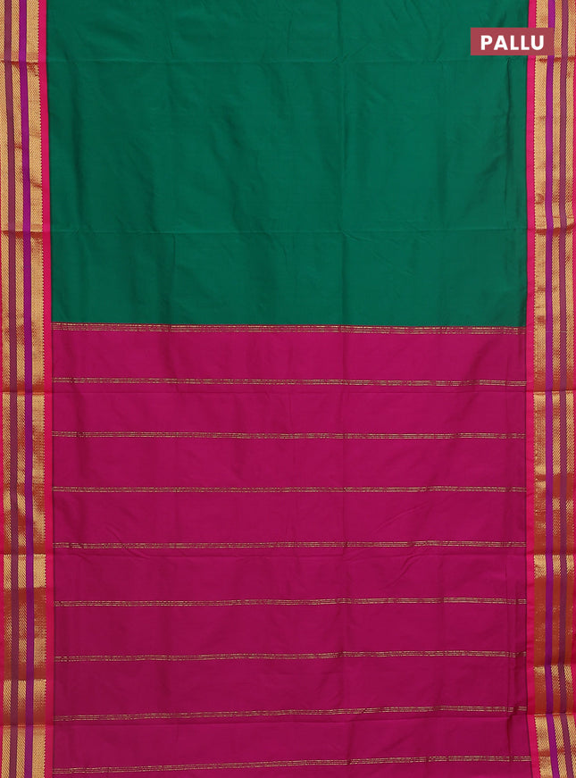 10 Yards semi silk saree green and pink with plain body and zari woven korvai border