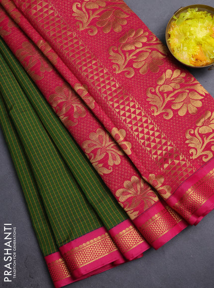 10 Yards semi silk saree olive green and pink with allover checked pattern and zari woven korvai border