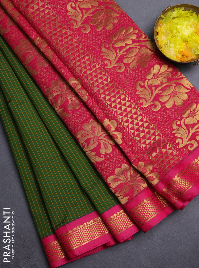 10 Yards semi silk saree olive green and pink with allover checked pattern and zari woven korvai border
