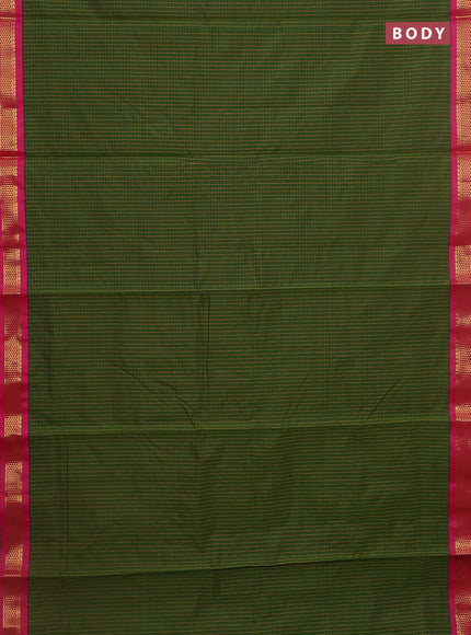 10 Yards semi silk saree olive green and pink with allover checked pattern and zari woven korvai border
