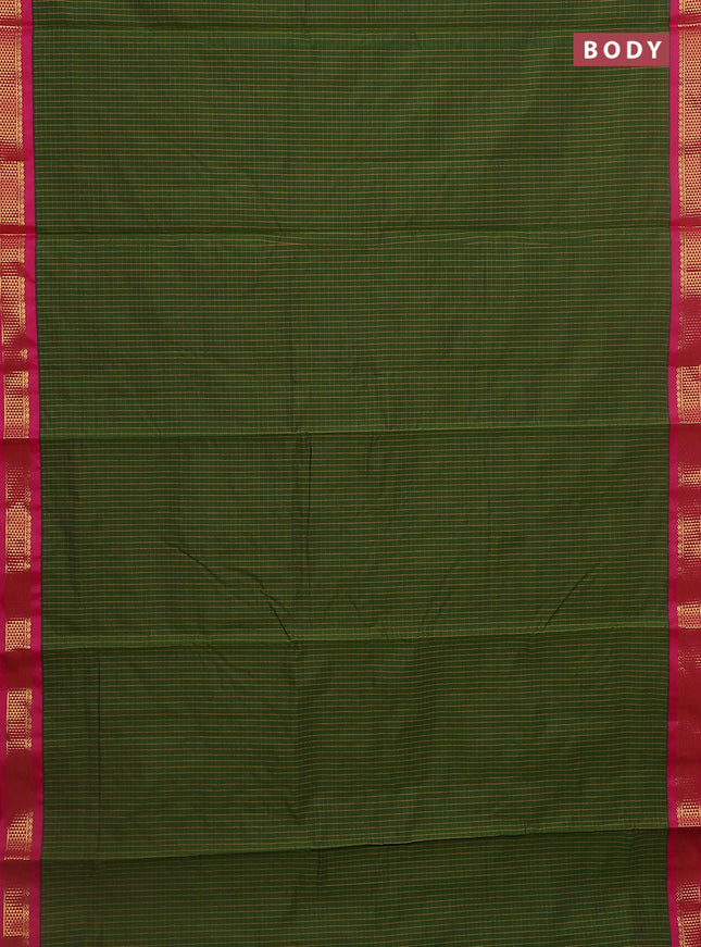 10 Yards semi silk saree olive green and pink with allover checked pattern and zari woven korvai border