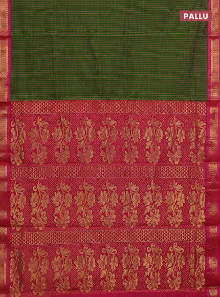 10 Yards semi silk saree olive green and pink with allover checked pattern and zari woven korvai border