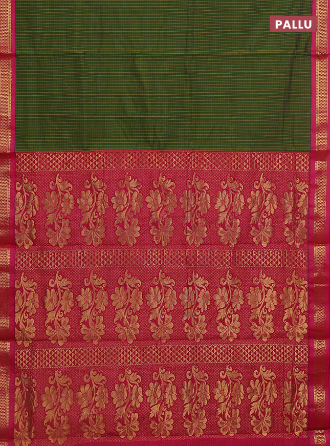 10 Yards semi silk saree olive green and pink with allover checked pattern and zari woven korvai border
