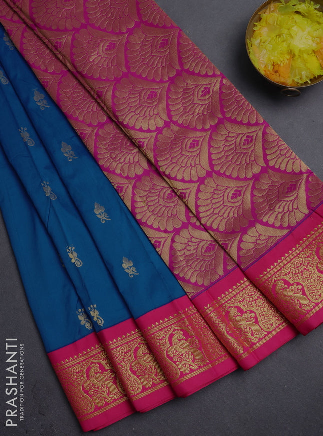 10 Yards semi silk saree cs blue and pink with allover zari woven buttas and zari woven border