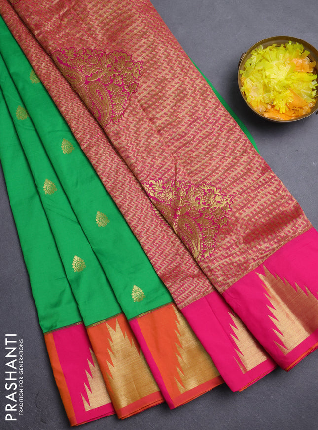 10 Yards semi silk saree green and pink with allover zari woven buttas and temple zari woven korvai border