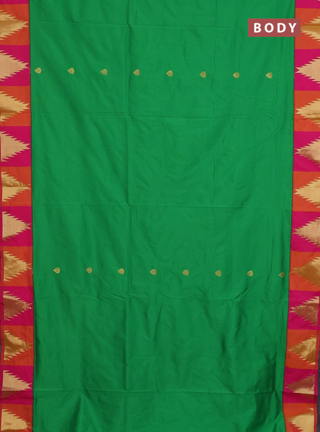 10 Yards semi silk saree green and pink with allover zari woven buttas and temple zari woven korvai border