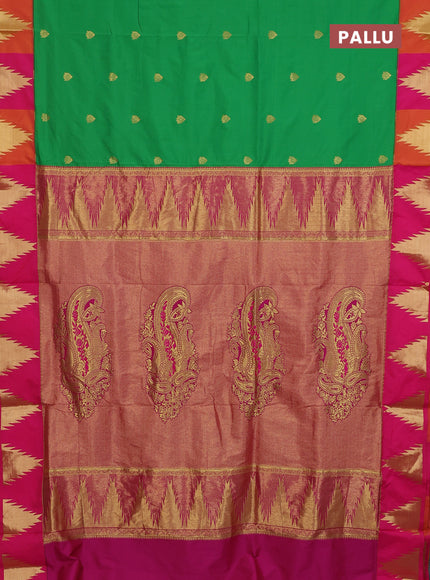 10 Yards semi silk saree green and pink with allover zari woven buttas and temple zari woven korvai border