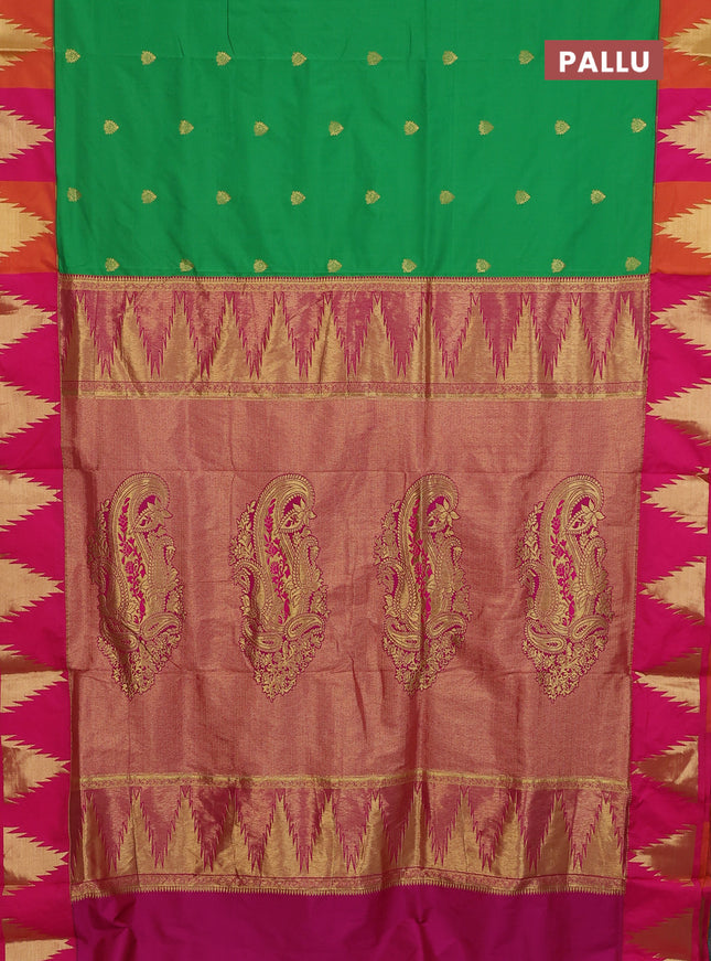 10 Yards semi silk saree green and pink with allover zari woven buttas and temple zari woven korvai border