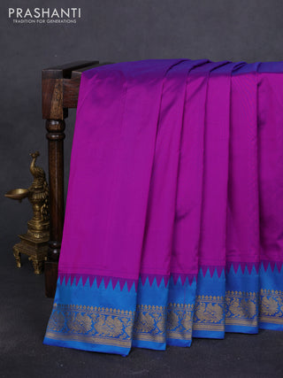 10 Yards kanchipuram silk saree purple and cs blue with plain body and annam zari woven border