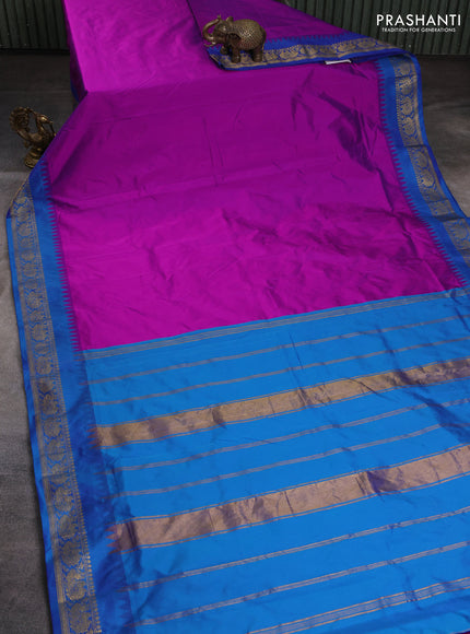 10 Yards kanchipuram silk saree purple and cs blue with plain body and annam zari woven border