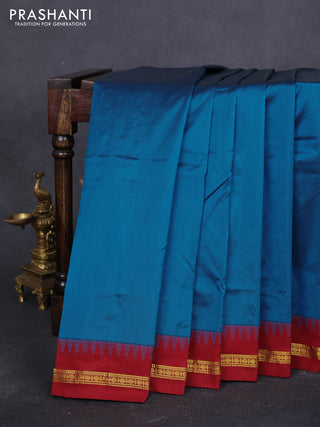 10 Yards kanchipuram silk saree peacock blue and maroon with plain body and temple design zari woven border