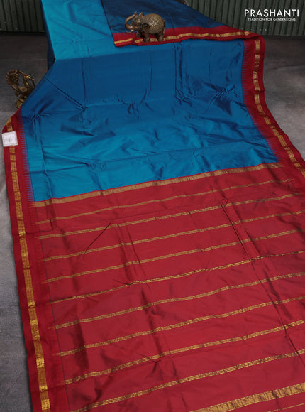 10 Yards kanchipuram silk saree peacock blue and maroon with plain body and temple design zari woven border