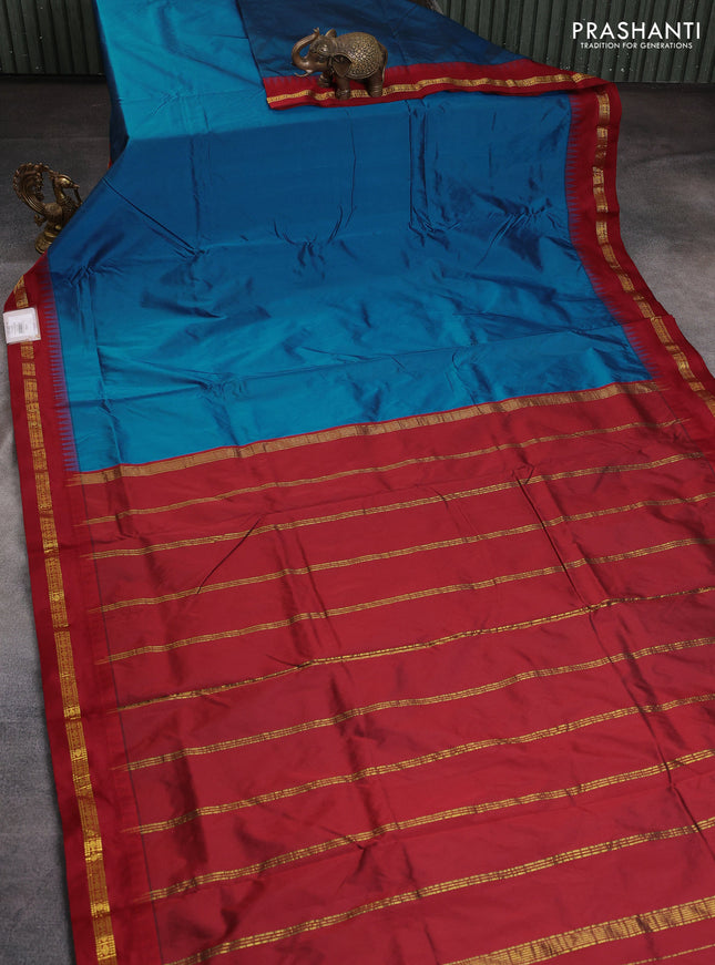 10 Yards kanchipuram silk saree peacock blue and maroon with plain body and temple design zari woven border