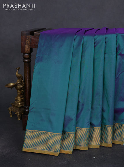 10 Yards kanchipuram silk saree teal greenish violet and dark mustard with plain body and zari woven border