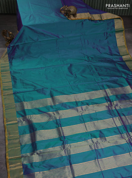 10 Yards kanchipuram silk saree teal greenish violet and dark mustard with plain body and zari woven border