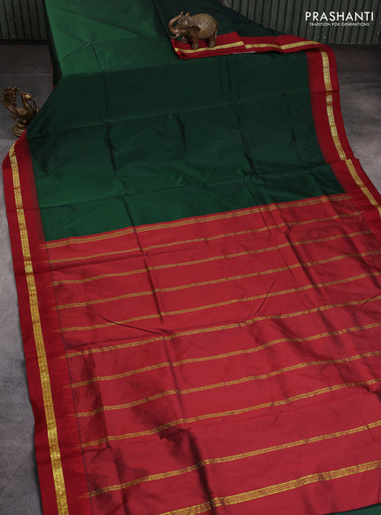 10 Yards kanchipuram silk saree bottle green and maroon with plain body and temple design zari woven border