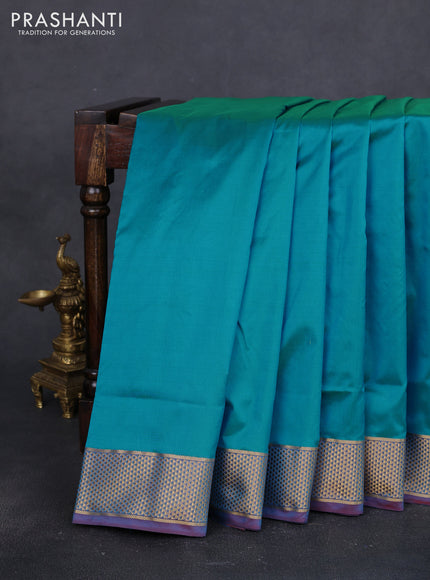 10 Yards kanchipuram silk saree teal bluish green and maroon with plain body and zari woven border