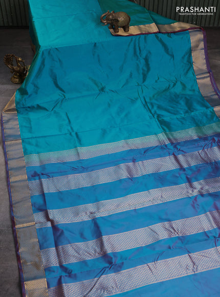 10 Yards kanchipuram silk saree teal bluish green and maroon with plain body and zari woven border
