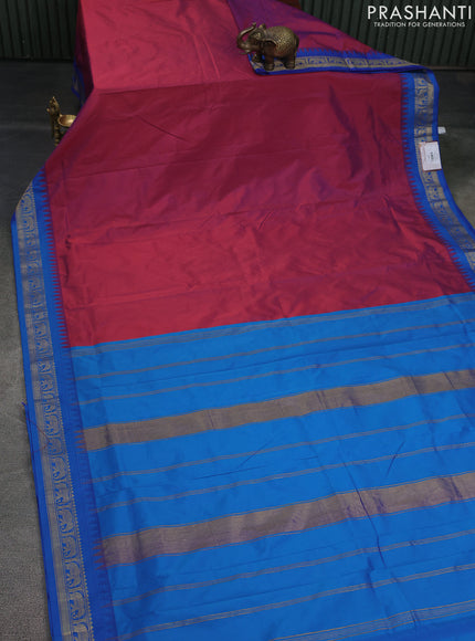 10 Yards kanchipuram silk saree dual shade of maroon and cs blue with plain body and elephant zari woven border