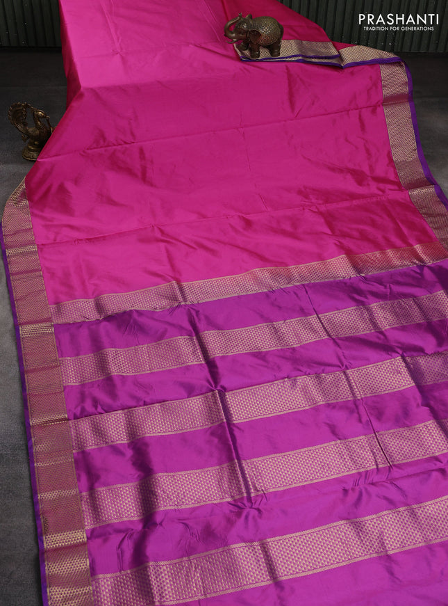 10 Yards kanchipuram silk saree pink and purple with plain body and zari woven border