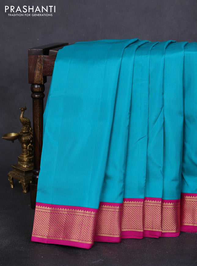 10 Yards pure kanchipuram silk saree teal blue and magenta pink with plain body and zari woven korvai border